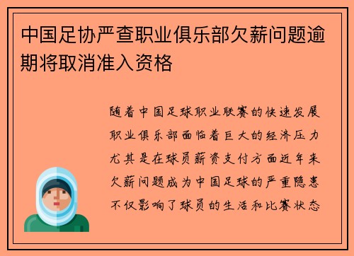 中国足协严查职业俱乐部欠薪问题逾期将取消准入资格